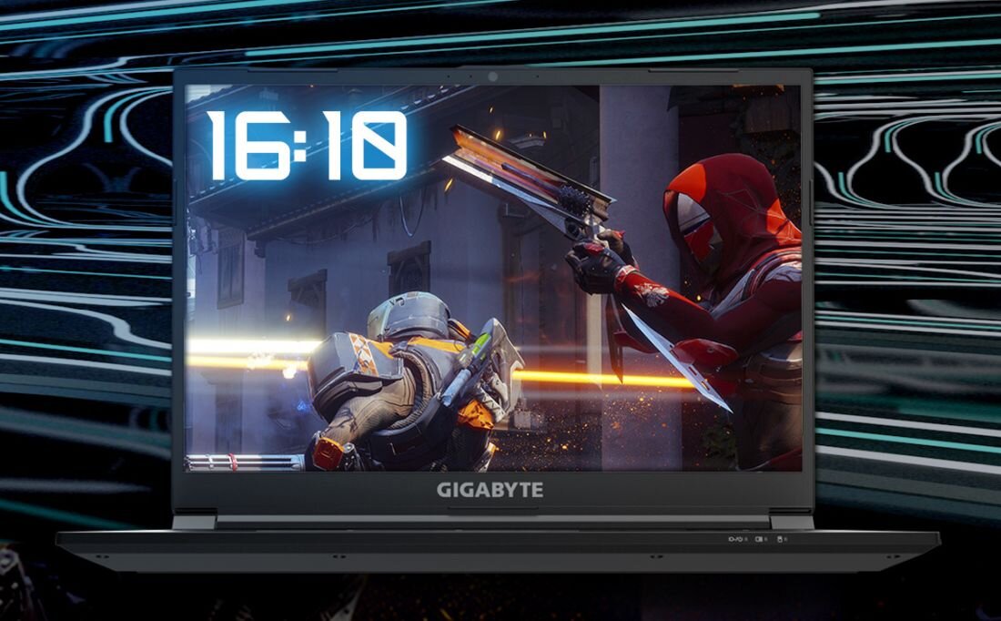 Laptop GIGABYTE G6 z wyświetlającą się grą strzelankową pokazującą postać w czerwonym stroju z bronią, z zegarem w lewym górnym rogu ekranu - 1920 x 1200 165 Hz 