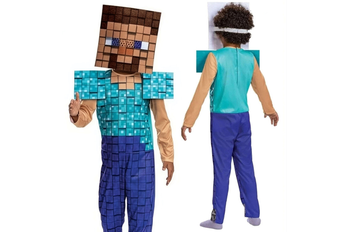 Strój karnawałowy DISGUISE Minecraft Steve 125-135 cm wygląd design prezentacja wizualizacja tło Przebranie do świata gry