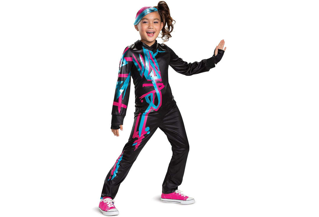 Strój karnawałowy DISGUISE Lego Przygoda Lucy 125-135 cm  Kompletny zestaw do zabawy jednoczęściowy czarny kostium z niebiesko-różowymi akcentami rękawice bez palców kolorowe pasemka do włosów