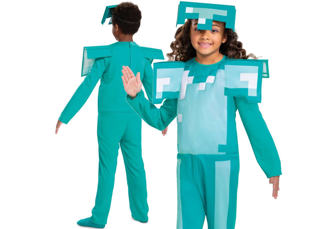 Strój karnawałowy DISGUISE Minecraft Diamentowa Zbroja 137-149 cm wygląd design prezentacja wizualizacja tło Zabawa w świecie Minecraft