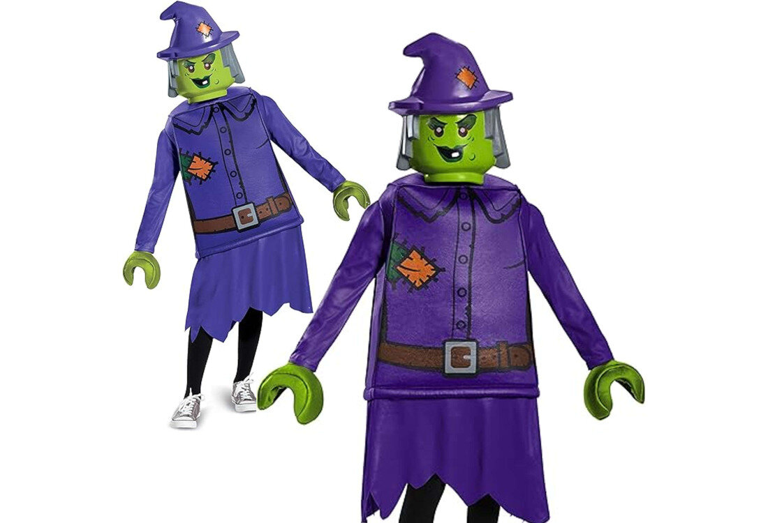 Strój karnawałowy DISGUISE Lego Wiedźma 110-122 cm wygląd design tło wizualizacja Magia przebrania dla dzieci 