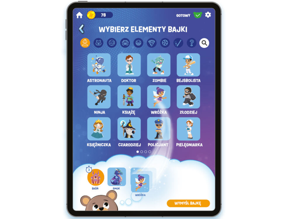 Zabawka interaktywna COBI Poe Ai Miś tworzący bajki SR-18723 aplikacja urzadzenia mobilne telefon tablet Google Play Apple store prosta intuicyjna obsługa personalizowanie bajek wygodny dostęp do ulubionych opowieści w kazdym miejscu i czasie