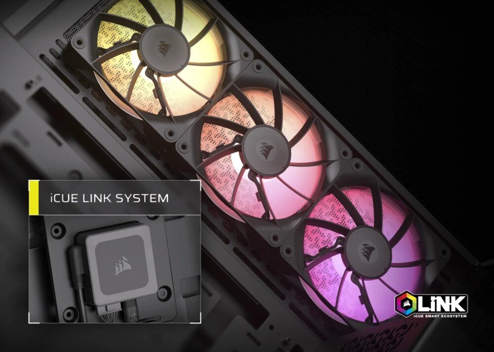 Obudowa CORSAIR iCUE LINK 3500X RGB Czarny zbliżenie na wentylatory oraz koncentrator z ikoną systemu iCUE LINK chłodzenie wentylatory radiator podświetlenie