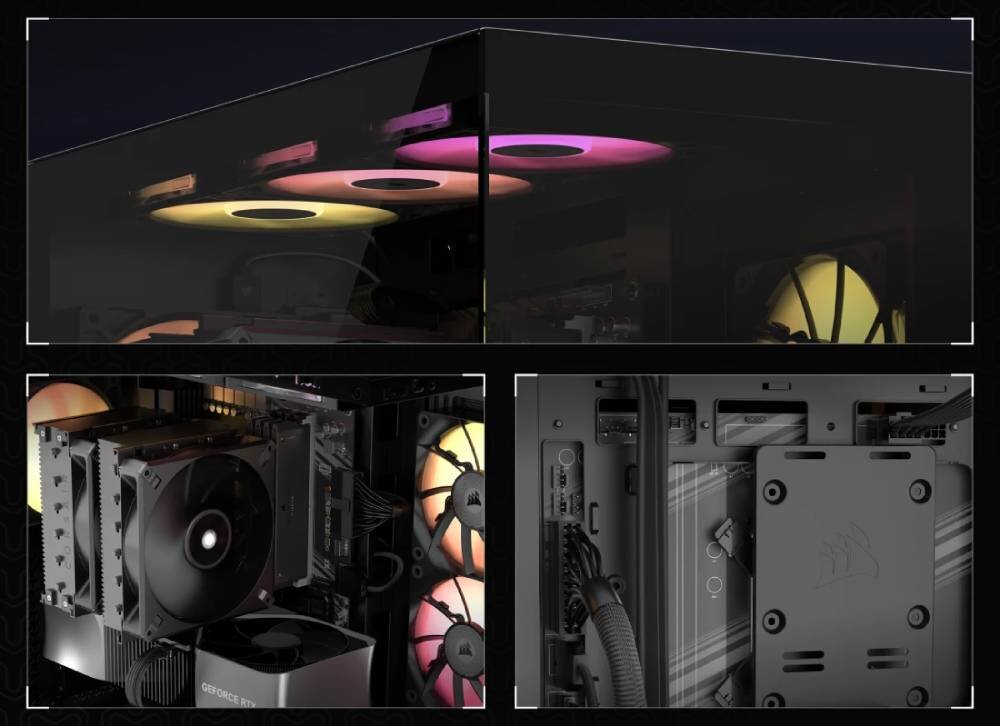 Obudowa CORSAIR iCUE LINK 3500X RGB Czarny trzy ujęcia na obudowę: zbliżenie na wnętrze z podzespołami, na górny panel, tył obudowy z przewodami przestrzeń prowadzenie kabli tacka na dyski filtry