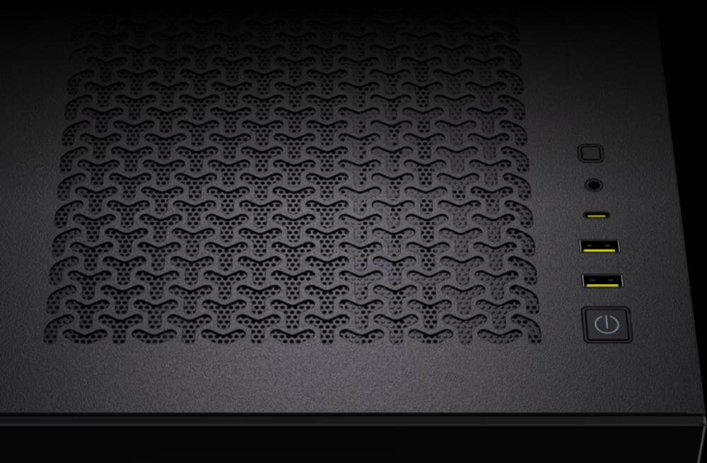 Obudowa CORSAIR iCUE LINK 3500X RGB zbliżenie na górny panel z portami Czarny porty złącza przyciski obsługa