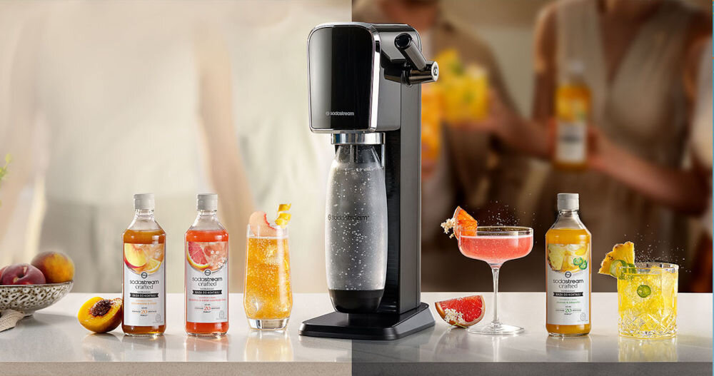 Saturator SODASTREAM Art Biało-złoty butelka pojemność tritan bez bpa syropy łatwiejsze przygotowanie napojów orzeźwiające lemoniady wyśmienite drinki bealkoholowe bazy ananas & Jalapeno słodycz z pikantną nutą grejpfrut & kwiat czarnego bzu brzoskwinia & imbir słodko-pikantny napój rozgrzewa orzeźwia