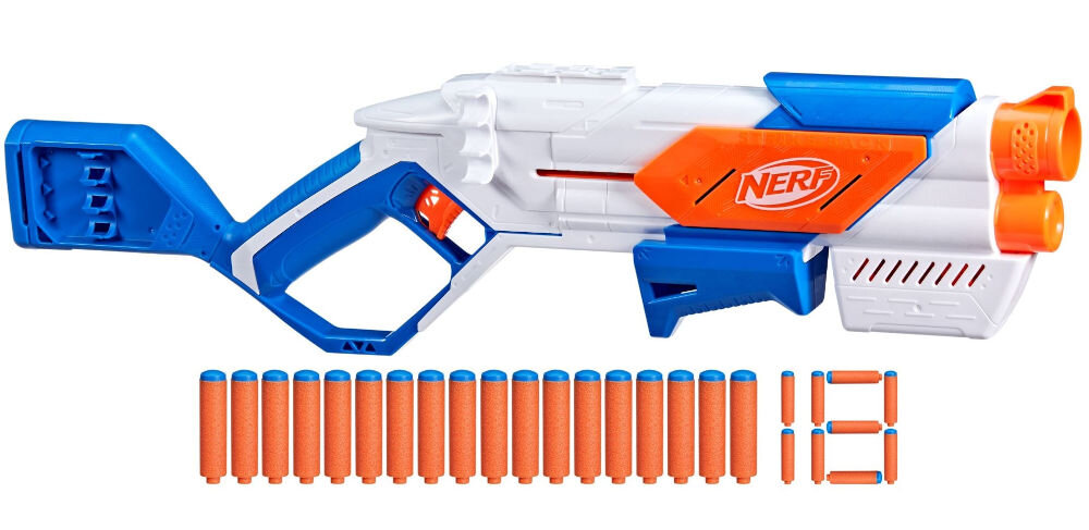 Wyrzutnia Nerf N Series Strikeback G0218EU4 mechanizm odrzutu magazynek wewnętrzny mieszczący 6 strzałek
18 strzałek Nerf N1 miejsce na 12 strzałek na wyrzutni