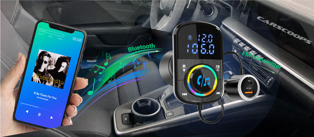 Transmiter FM NAVITEL BHF08 PRO modułu Bluetooth portu USB odtwarzanie muzyki smartfona karty microSD wbudowany zestaw głośnomówiący portom USB-A 30 W podświetlenie RGB