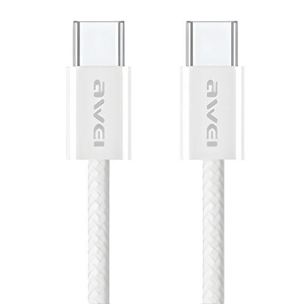 Na obrazie widoczne są dwa białe kable USB-C z plecionym oplotem, z logo \'awei\' na wtyczkach.
