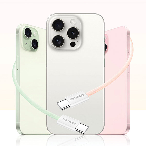 Na obrazie widoczne są trzy smartfony w różnych kolorach: zielonym, białym i różowym. Przed nimi znajduje się kabel USB-C z logo \'awei\' na obu końcówkach.