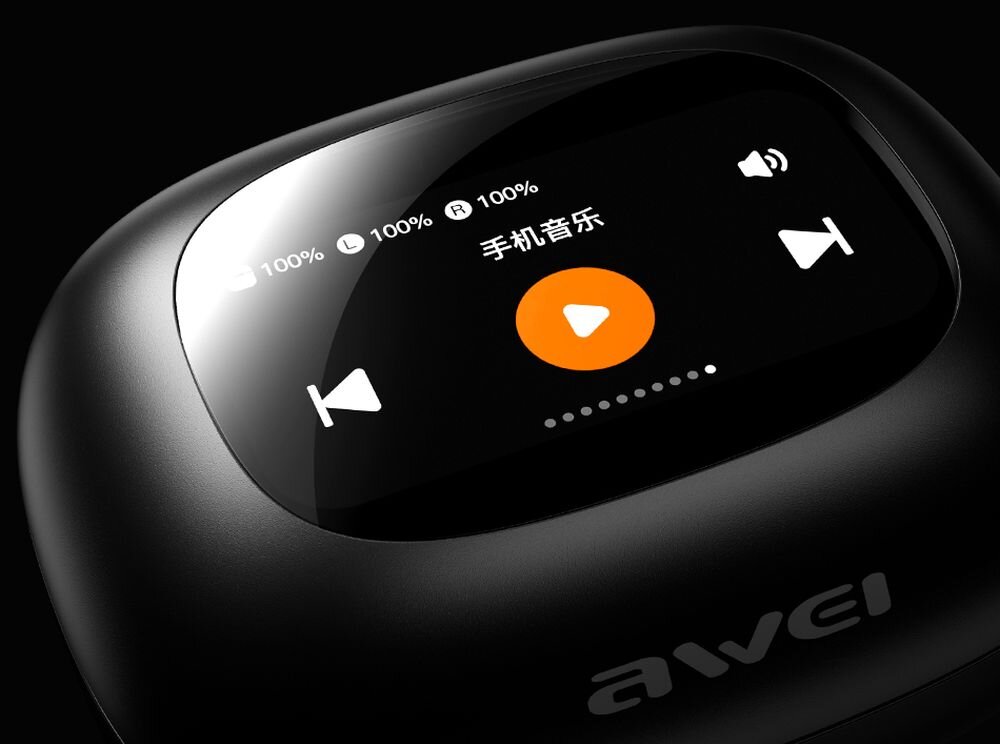 Słuchawki AWEI TP97 Bluetooth etui USB-C ładowanie kompaktowe wymiary, kadr na etui ładujące, ekran