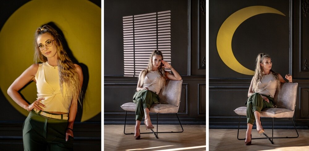 Modelka pozuje w studiu z artystycznym oświetleniem; tło tworzą żółte wzory – koło, żaluzje i półksiężyc