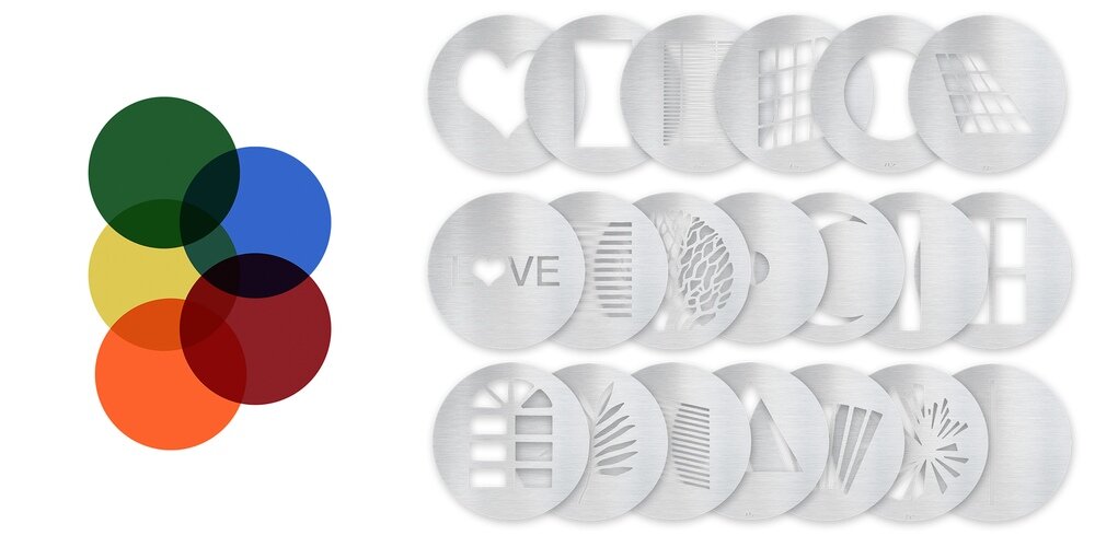 Zestaw akcesoriów do strumienicy Newell Perseo-33 – kolorowe filtry i metalowe przysłony z różnymi wzorami projekcyjnymi