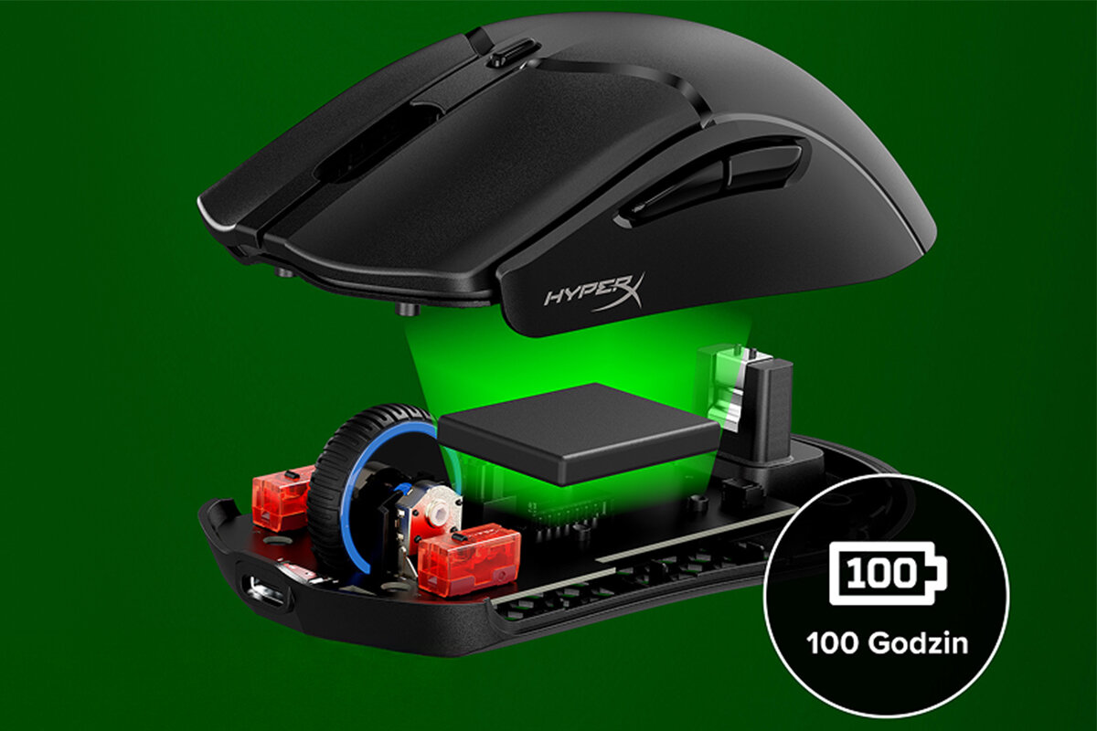 HYPERX Pulsefire Haste 2 Mini podłączyć przewód i grać dalej 100 godzin - wnetrze myszki zielone tło