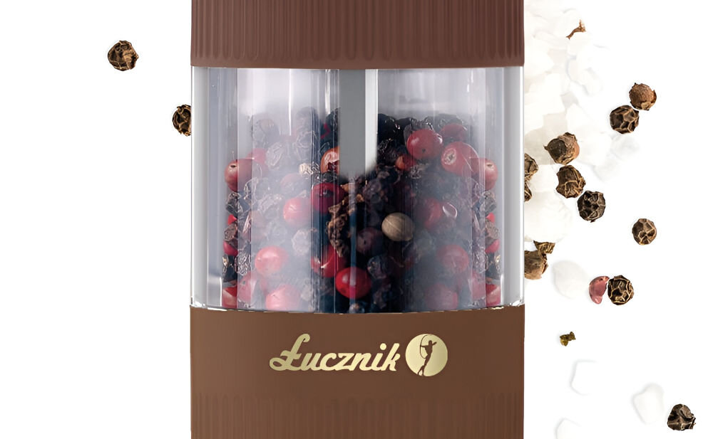 PM 102 młynek do przypraw kolor / czekoladowy do soli pieprzu i przypraw wygoda efektywność ceramiczny mechanizm mielący trwałość precyzja regulacja grubości mielenia dostosowanie struktury przypraw pojemnik pojemność 60 ml przezroczyste okienko kontrolowanie poziomu przyprawy