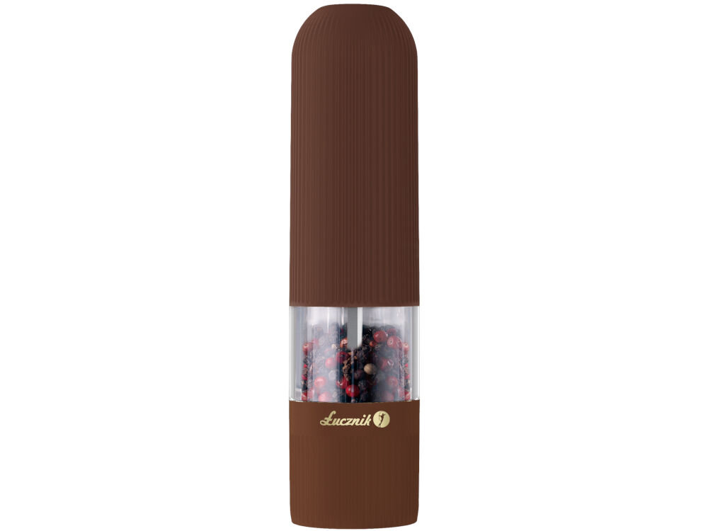 PM 102 młynek do przypraw kolor / czekoladowy stylowy design praktyczne funkcje wbudowane oświetlenie LED podświetlana powierzchnia przyprawianej potrawy łatwe dozowanie ilości przypraw przycisk wysokiej jakości tworzywo sztuczne obudowy trwałość stylowy wygląd zasilanie bateryjne 6 AAA wygoda uzytkowania