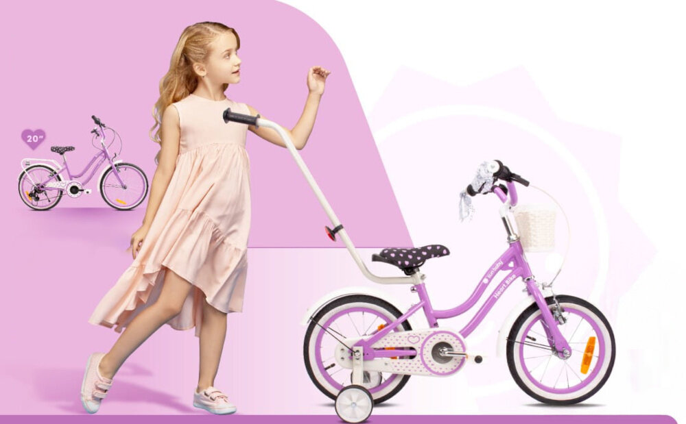 Rower dziecięcy SUN BABY Heart bike 12 cali dla dziewczynki Fioletowy dziewczynka stoi obok roweru zdjęcie na fioletowym tle dla dzieci w wieku od 2 do 4 lat o maksymalnej wadze do 50 kg trwałość wytrzymałość mocna konstrukcja