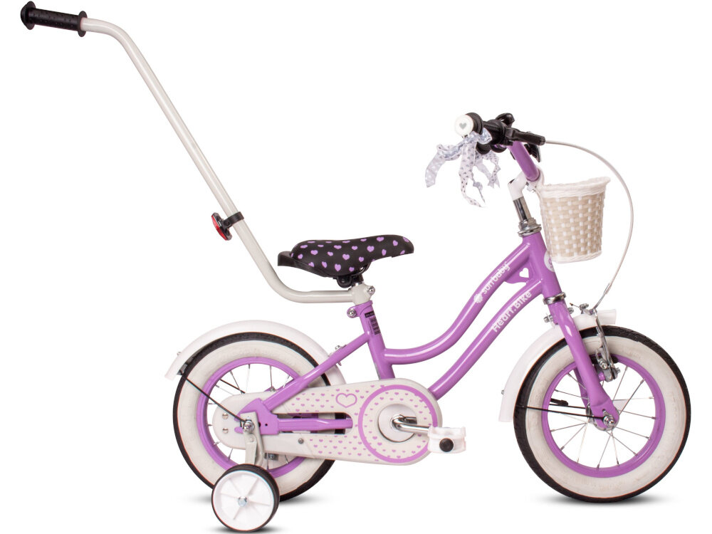 Rower dziecięcy SUN BABY Heart bike 12 cali dla dziewczynki Fioletowy rower na białym tle widoczny z boku odpowiednio wyselekcjonowane materiały stalowa 8,25-calowa rama dostosowana do najmłodszych geometria ponadprzeciętna odporność na uszkodzenia mechaniczne i działanie czynników zewnętrznych wybór rozmiaru ramy Twój wzrost mierzony w zrelaksowanej pozycji typ dla dzieci o wzroście od 85 do 95 cm