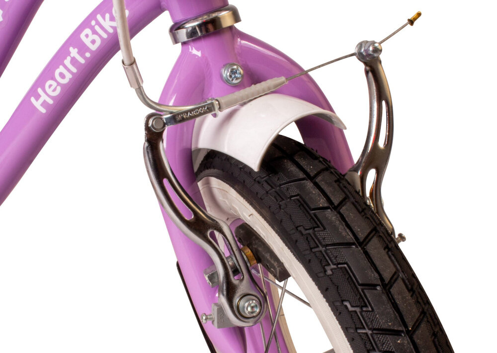 Rower dziecięcy SUN BABY Heart bike 12 cali dla dziewczynki Fioletowy zbliżenie na przedni hamulec zdjęcie na białym tle podstawa bezpieczeństwa przedni hamulec V-Brake tylny hamulec nożny Torpedo lekkie duża siła hamowania reflektory odblaskowe na kierownicy pedałach i prowadniku dobra widoczność na drodze bezpieczeństwo