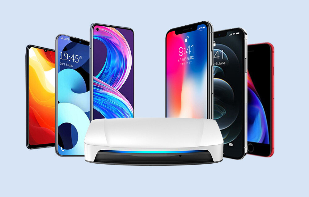 Adapter CARLINKIT CPC200-Tbox - Szeroka kompatybilność, adapter, w tle smartfony