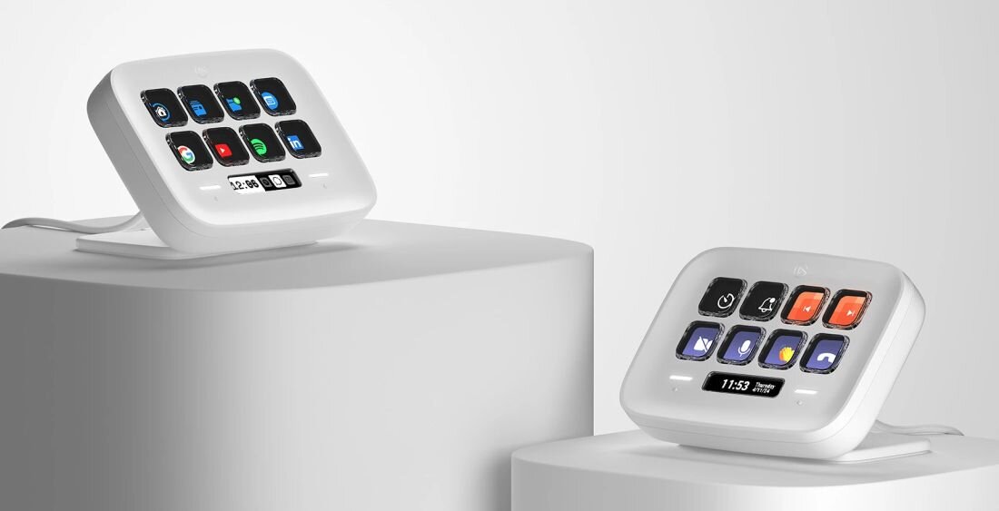 Dwa białe panele Elgato Stream Deck ustawione na podestach prezentują przyciski LCD z ikonami na jasnym tle studyjnym - Wprowadzenie / Dla kogo jest ten panel  