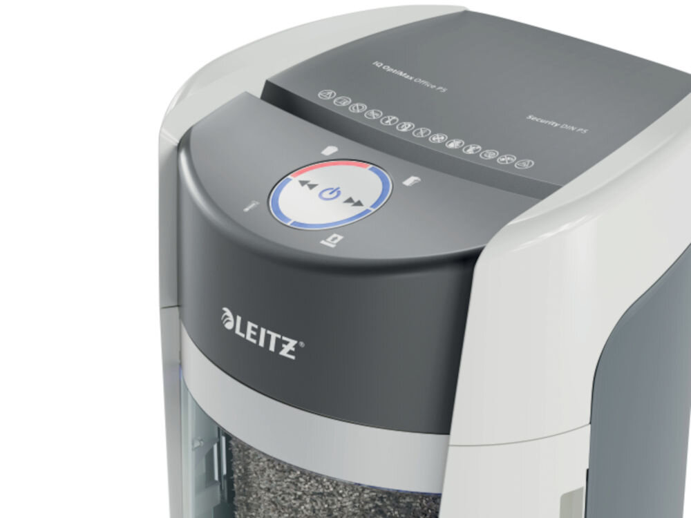 Niszczarka LEITZ IQ OptiMax Office 35 L, P-5, Ścinki, Automatyczny Start/Stop, Funkcja cofania Wyświetlacz LED komunikaty ostrzegawcze o zapełnieniu pojemnika,
otwartych drzwiczkach, przegrzaniu lub przeciążeniu urządzenia