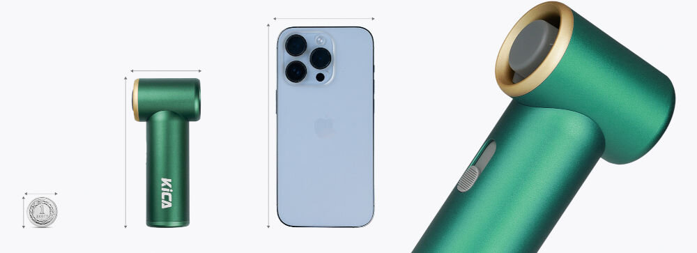 Dmuchawa wielofunkcyjna FeiyuTech KiCA JetFan Mini Czarny białe tło zielona dmuchawa telefon moneta w każdych warunkach plenerowych kompaktowe rozmiary niska waga na kemping wakacje wycieczki z osuszaniem odzieży sprzątanie namiotu wspieranie w przygotowaniu posiłków możliwość ładowania przez port USB-C poręczna konstrukcja wygoda funkcjonalność
