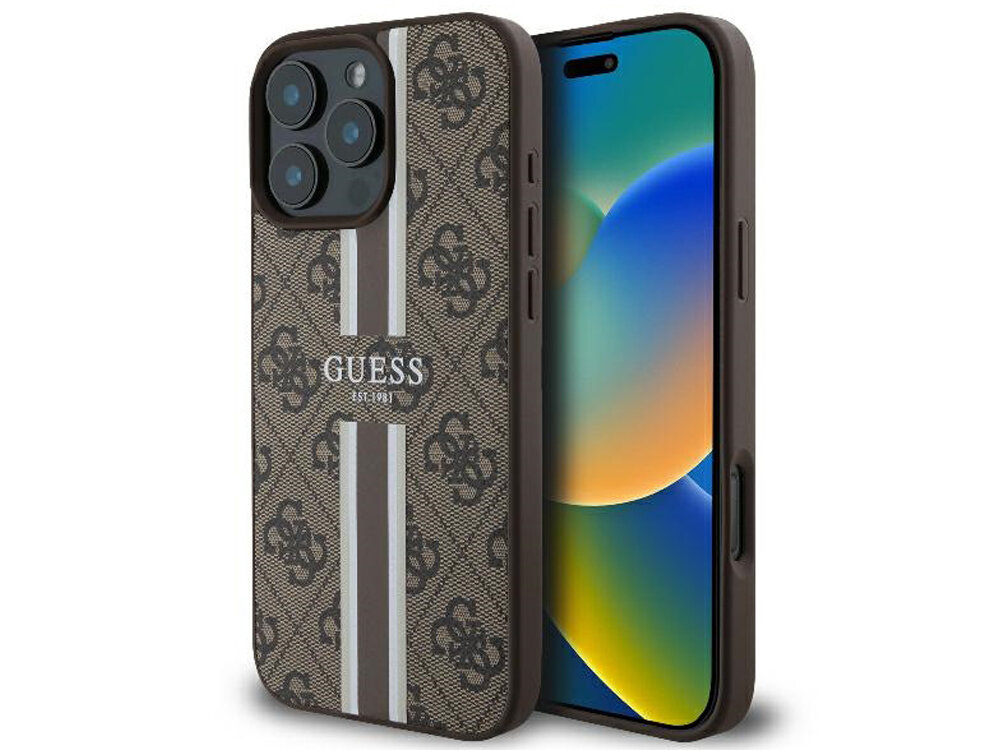 Etui GUESS 4G Printed Stripes MagSafe
                pokrowiec case etui rozwiązania design elegancja funkcjonalność boki montaż krawędzie zabezpieczenie MagSafe magnes ładowanie ochrona