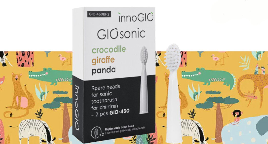 Oryginalna końcówka do szczoteczki INNOGIO GIOsonic (2 szt) Biały (Miękkie włosie) design tło prezentacja wizualizacja Dla Twojego dziecka