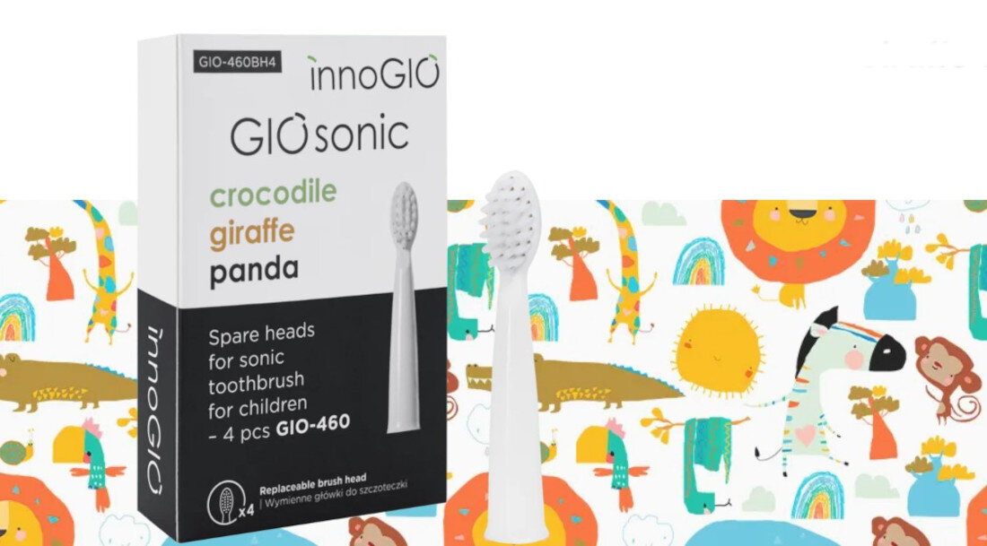 Oryginalna końcówka do szczoteczki INNOGIO GIOsonic (4 szt) Biały (Miękkie włosie) design tło prezentacja wizualizacja Dla Twojego dziecka
