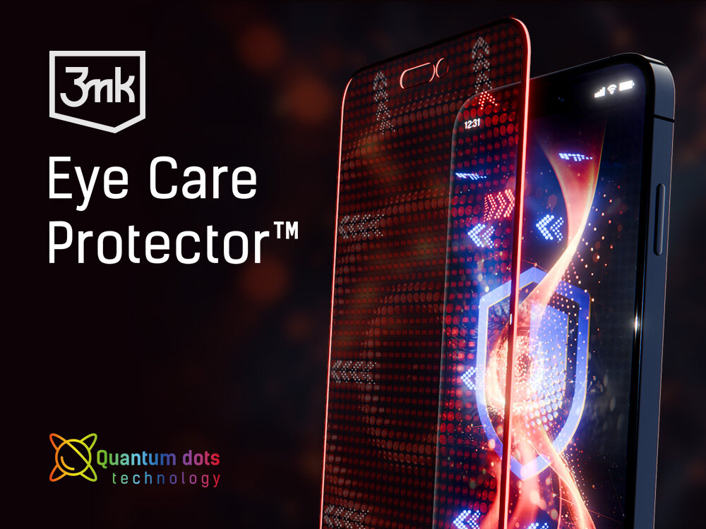 SZKŁO HARTOWANE 3MK EYE CARE PROTECTOR ochrona Mocniejszy ekran Efekt Anti-Blue Light twardość 9H Technologia kropek kwantowych ochrona wzroku specjalistyczna folia pochłanianie światła diody LED kolor niebieski czerwony ochrona wyświetlacza zarysowania pęknięcia gładka skuteczna powierzchnia Chroń swój wzrok Anti-Blue Light światło przyjemnie miękkie jasny klarowny obraz przepuszczalność 92%