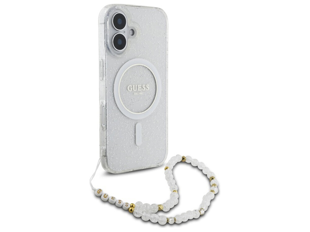 Etui Guess IML Glitter With Pearl Strap MagSafe
                boki montaż krawędzie zabezpieczenie tył etui pod kątem 