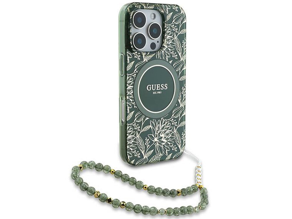 Etui Guess IML Flowers Allover Electro With Pearl Strap MagSafe
                boki montaż krawędzie zabezpieczenie magsafe ładowanie