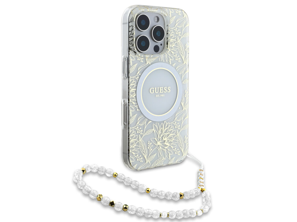 Etui Guess IML Flowers Allover Electro With Pearl Strap MagSafe
                boki montaż krawędzie zabezpieczenie magsafe ładowanie