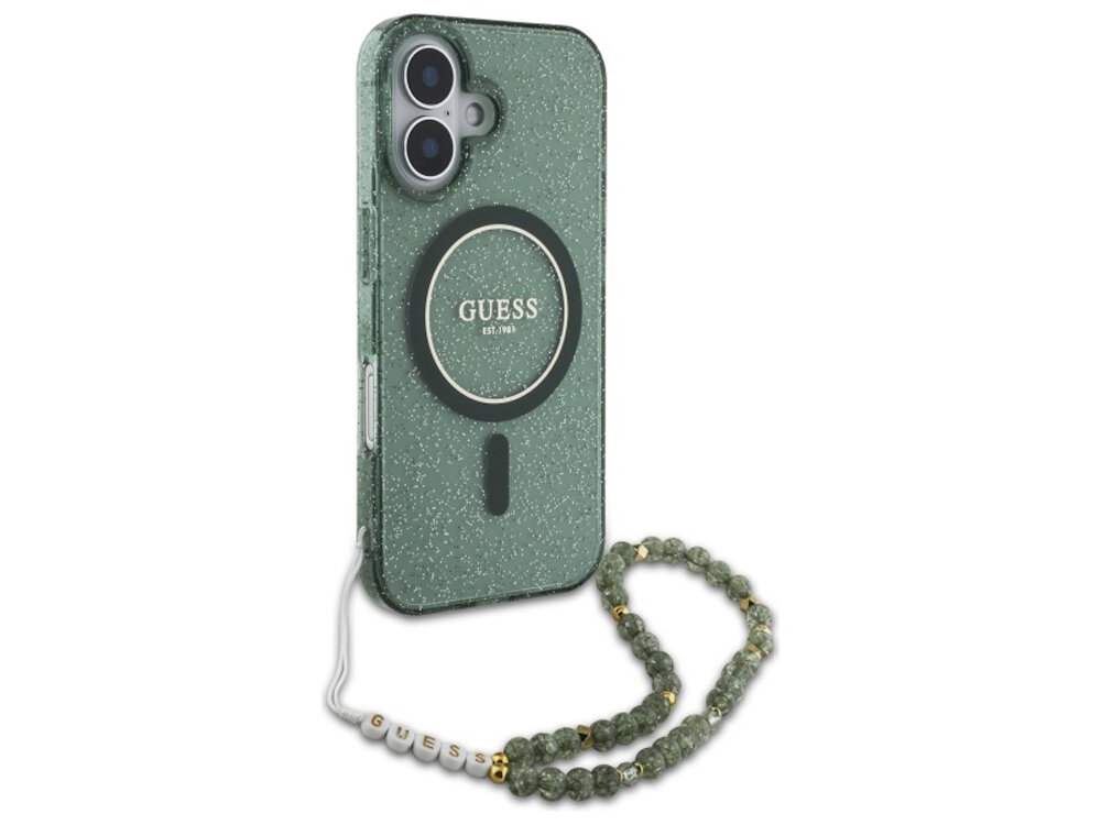 Etui Guess IML Glitter With Pearl Strap MagSafe
                boki montaż krawędzie zabezpieczenie tył etui pod kątem 