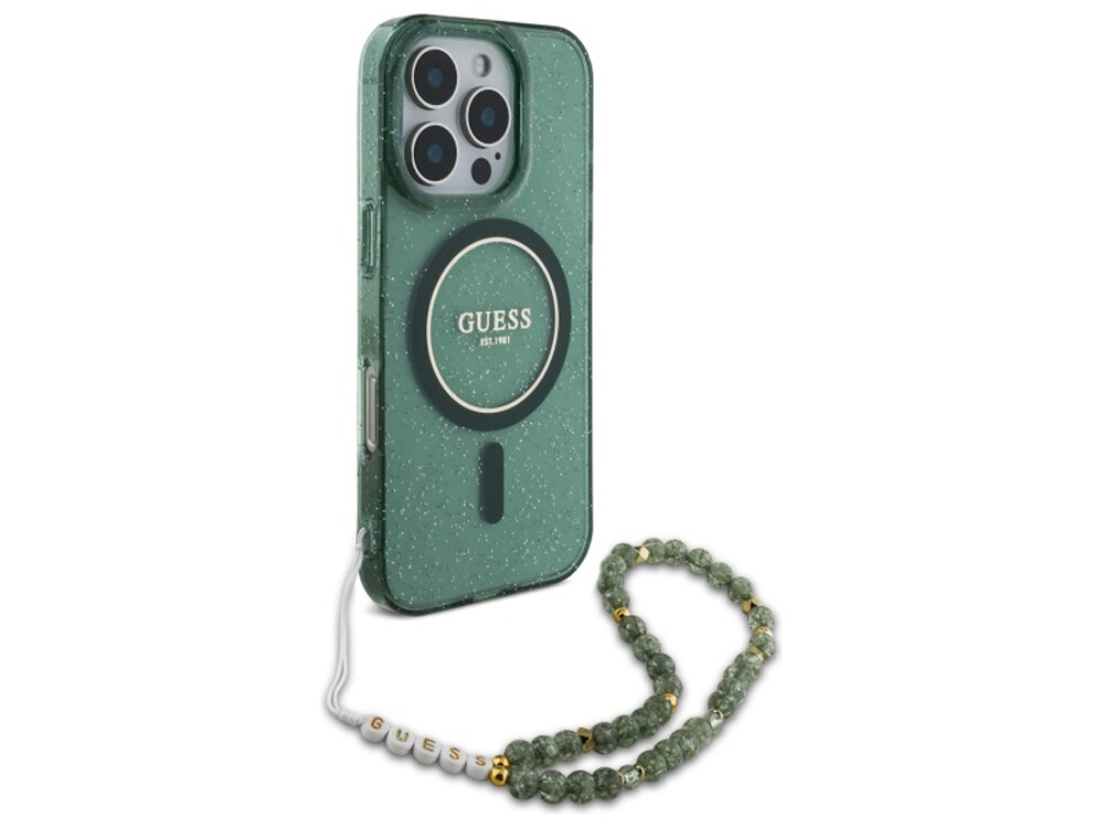 Etui Guess IML Glitter With Pearl Strap MagSafe
                boki montaż krawędzie zabezpieczenie tył etui pod kątem 