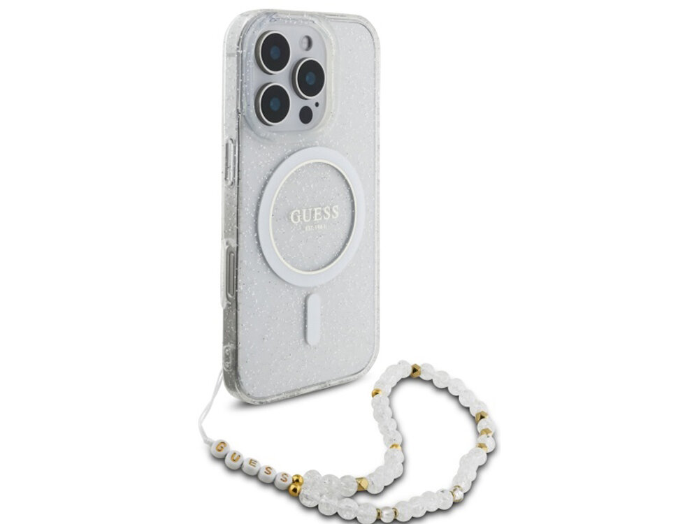 Etui Guess IML Glitter With Pearl Strap MagSafe
                boki montaż krawędzie zabezpieczenie tył etui pod kątem 