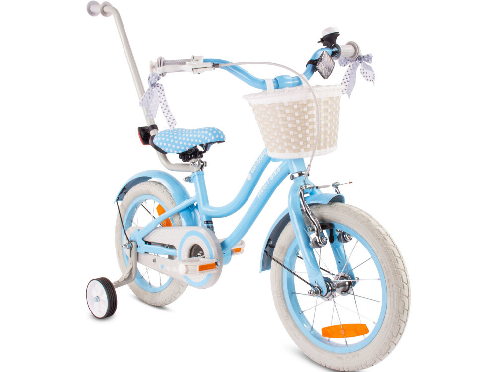 Rower dziecięcy SUN BABY Heart bike 14 cali dla dziewczynki Błękitny rowerek na białym tle widoczny od przodu po skosie koszyk na drobiazgi uchwyty zakończone pięknymi wstążkami dzwonek bezpieczna jazda