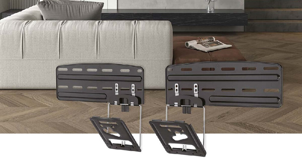 Uchwyt NEDIS do TV 43-85 cali TVWM5065BK - Design i funkcjonalność, uchwyt pod skosem na tle sofy, salon