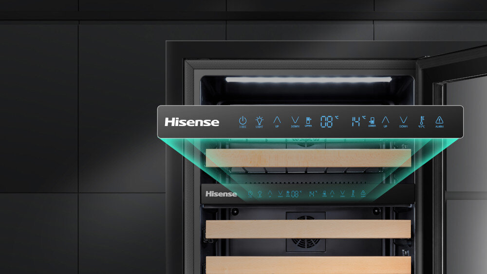 CHŁODZIARKA DO WINA HISENSE RW17W4NWLG0 Dotykowe sterowanie elektroniczne panel sterowania regulacja temperatury oświetlenia elagancja funkcjonalność pełna kontrola