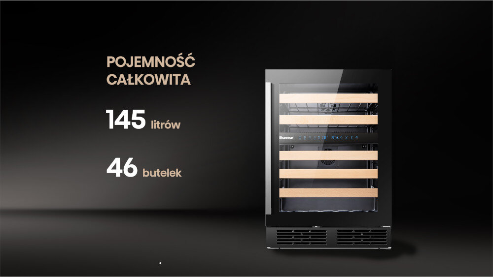 CHŁODZIARKA DO WINA HISENSE RW17W4NWLG0 Pojemna chłodziarka do wina Elegancka stylowa dwie niezależne strefy chłodzenia przeszkolny front duża pojemność 128 l 46 butelek wymiary