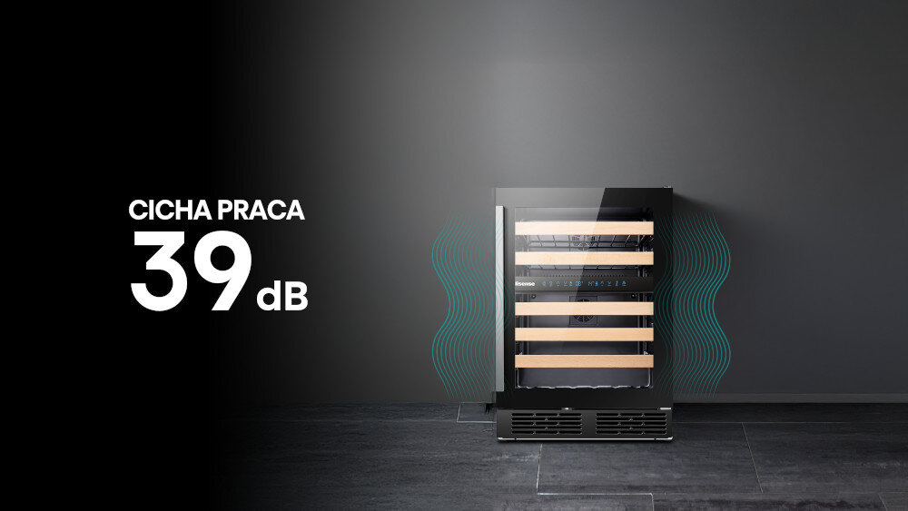 CHŁODZIARKA DO WINA HISENSE RW17W4NWLG0 Cisza i minimalne wibracje cicha praca mniejsze drgania stabilność butelek dojrzewanie zachowanie smaku
