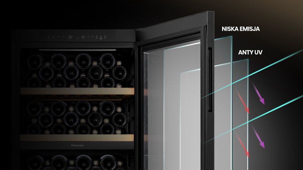 CHŁODZIARKA DO WINA HISENSE RW3N132GSLF Szyba z filtrem UV ochrona przed warunkami atmosferycznymi szklane drzwi filtr UV szkodliwe przechowywanie zabezpieczenie