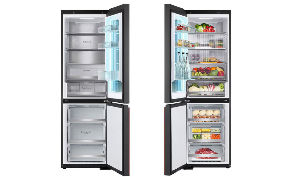 LODÓWKA LG GBG719MDNN wnętrze półki szuflady pojemniki duża przestrzeń szklane półki balkoniki napoje btelki