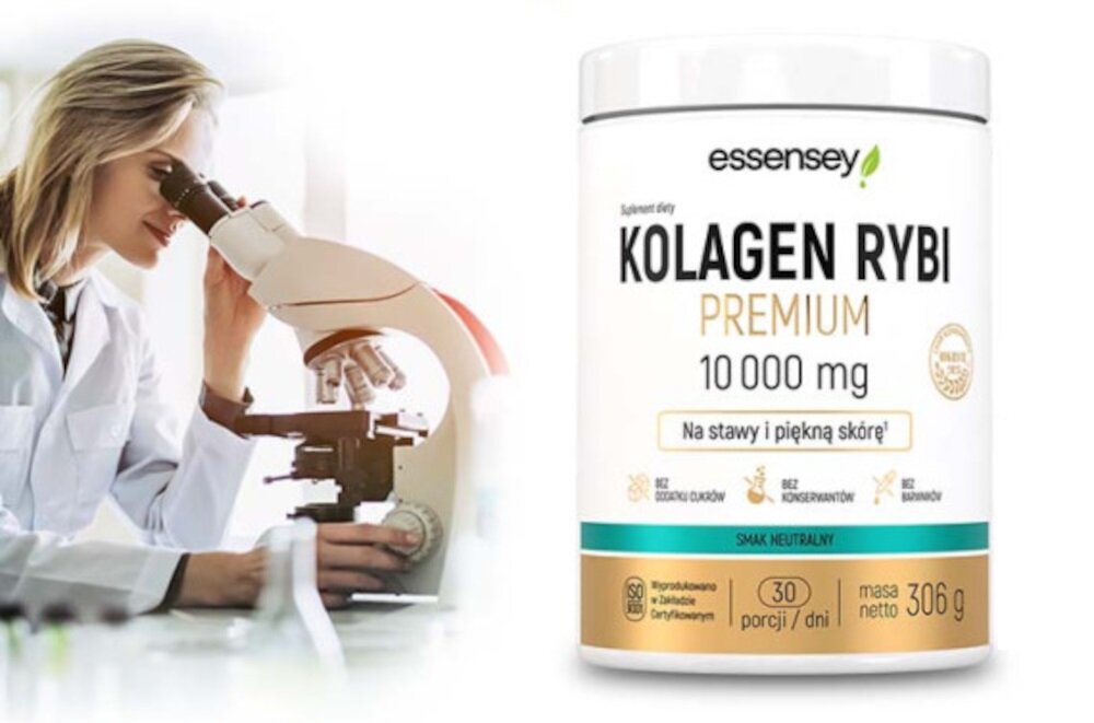 Kolagen ESSENSEY Rybi Premium Neutralny 306 g sklad kolagen rybi 10000 mg kwas hialuronowy 100 mg witamina C 80 mg witamina D 2000 IU