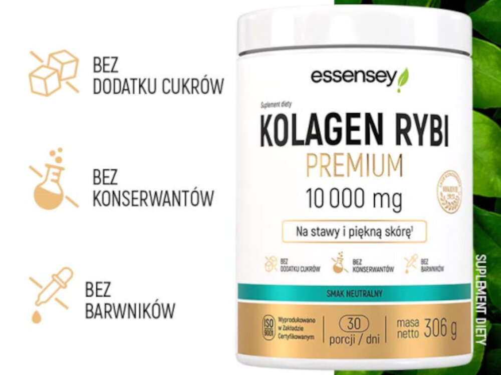 Kolagen ESSENSEY Rybi Premium Neutralny 306 g smak i zapach neutralny bez rybiego posmaku i aromatu suplement diety napoju dodatek do koktajli deserow