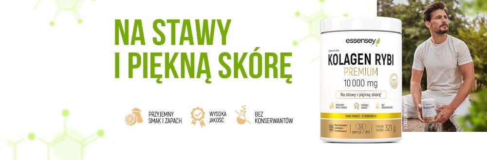 Kolagen ESSENSEY Rybi Premium Mango-pomarańcza 321 g wsparcie stawow kosci poprawa kondycji ciala