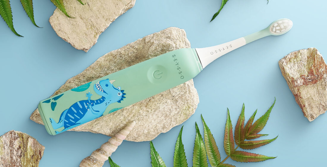 Szczoteczka soniczna SEYSSO Kids Dinosaur Niebieski dla dzieci w wieku 3–7 lat nawyki higieniczne mycie zębów Motyw dinozaura skuteczność i bezpieczeństwo praktyczny prezent