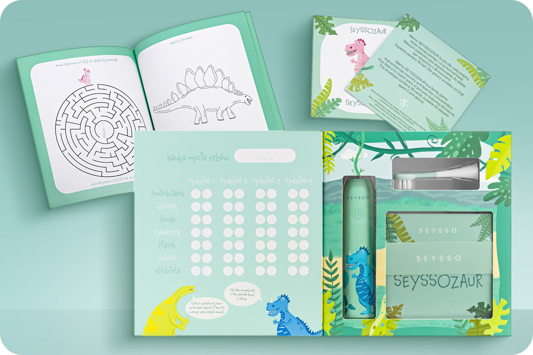 Szczoteczka soniczna SEYSSO Kids Dinosaur Niebieski Ucz się, baw i szczotkuj!  kolorowe karty memory z prostymi zadaniami motywujący kalendarz mycia zębów