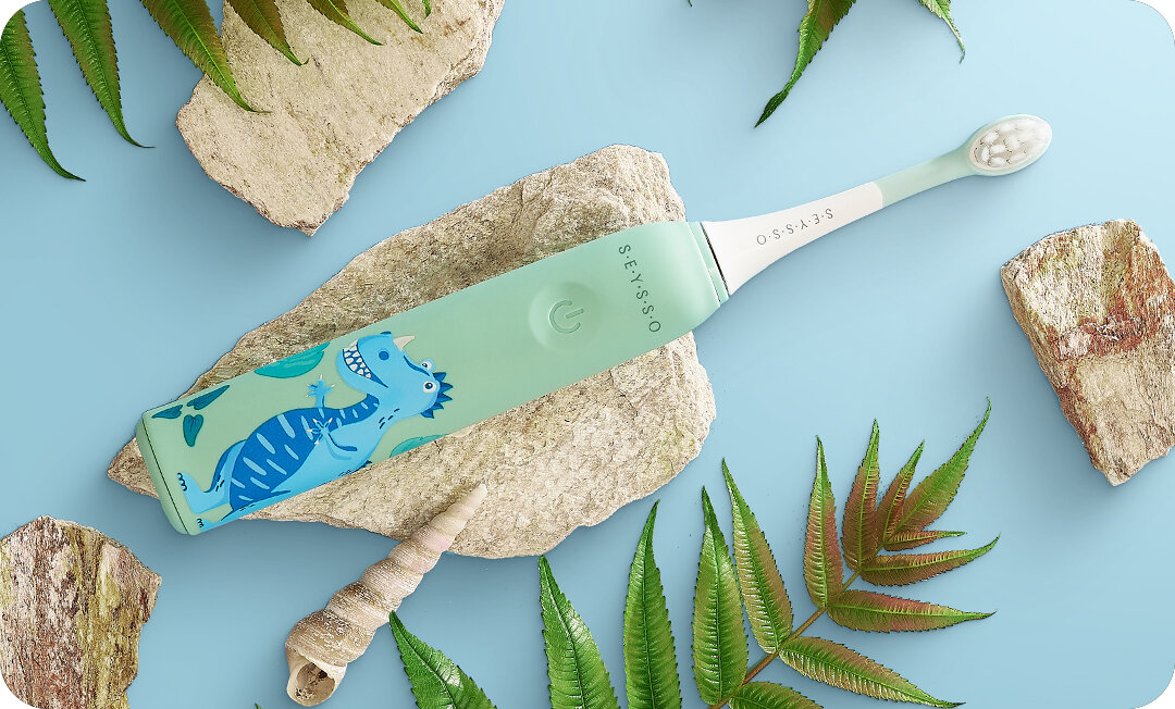 Szczoteczka soniczna SEYSSO Kids Dinosaur Niebieski Codzienna przygoda z uśmiechem dla dzieci w wieku 3–7 lat w nauce dbania o zdrowy uśmiech Wesoły motyw dinozaura